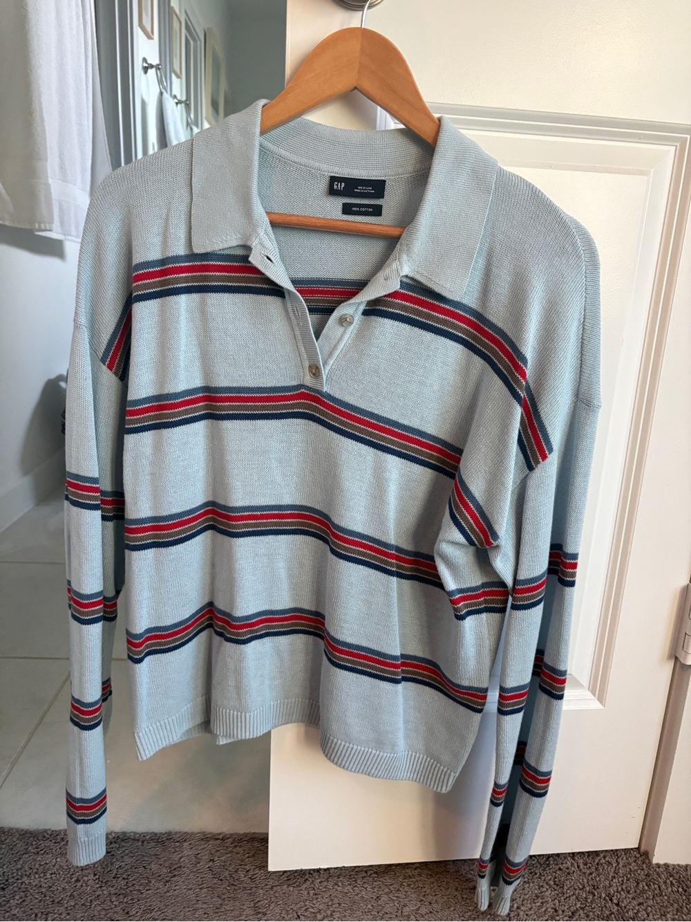 GAP Light Blue Striped V-Neck Polo Sweater